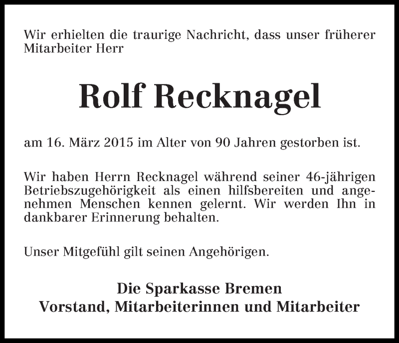 Traueranzeige von Rolf  Recknagel von WESER-KURIER