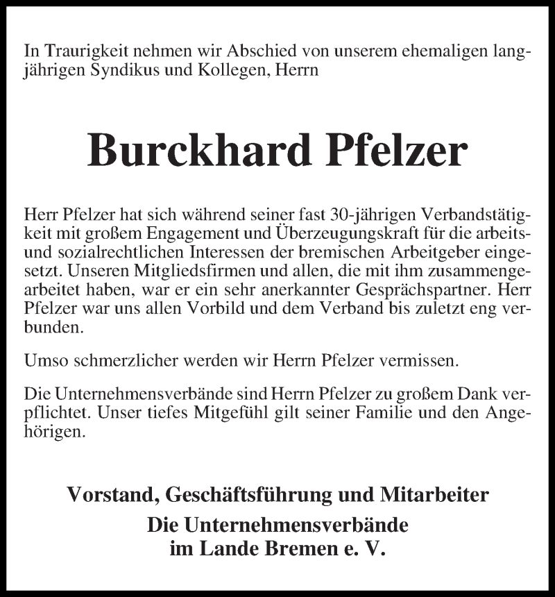 Traueranzeige von Burckhard Pfelzer von WESER-KURIER