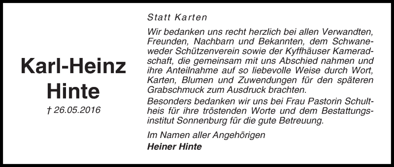  Traueranzeige für Karl-Heinz Hinte vom 02.07.2016 aus Die Norddeutsche