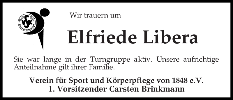 Traueranzeige von Elfriede Libera von Osterholzer Kreisblatt