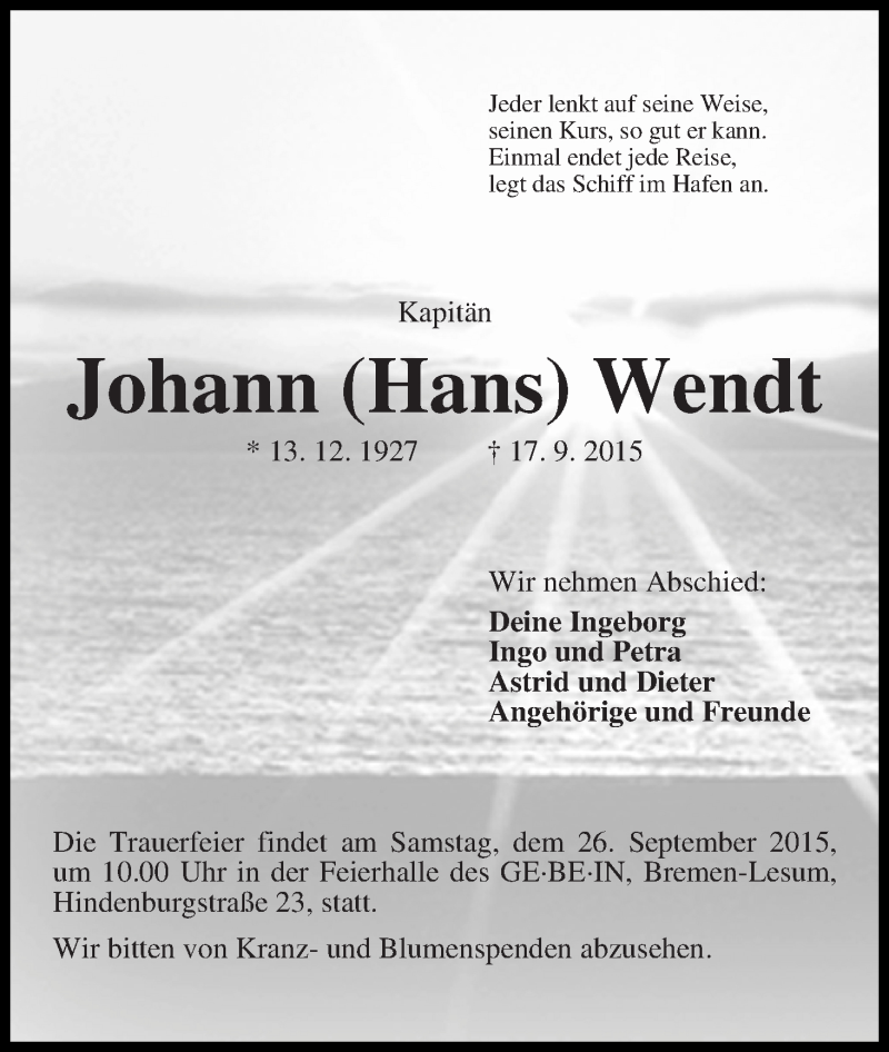Traueranzeige von Johann (Hans) Wendt von WESER-KURIER