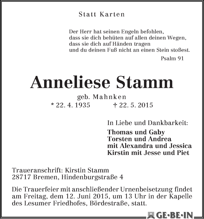 Traueranzeige von Anneliese Stamm von Osterholzer Kreisblatt