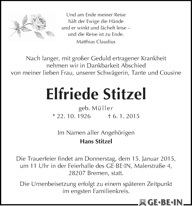 Traueranzeige von Elfriede Stitzel von WESER-KURIER