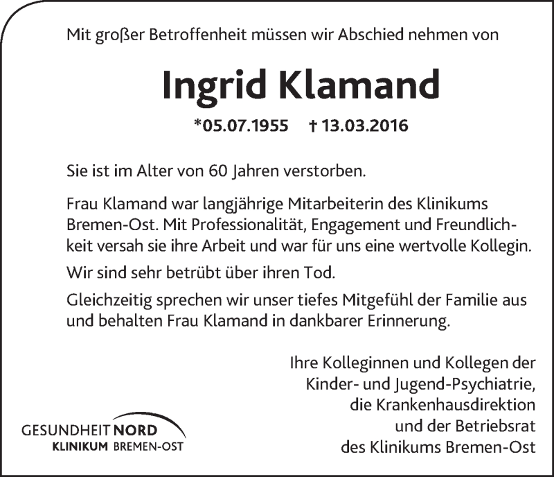 Traueranzeige von Ingrid Klamand von WESER-KURIER