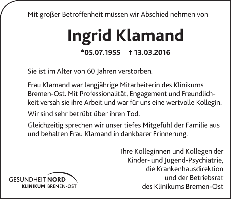  Traueranzeige für Ingrid Klamand vom 19.03.2016 aus WESER-KURIER