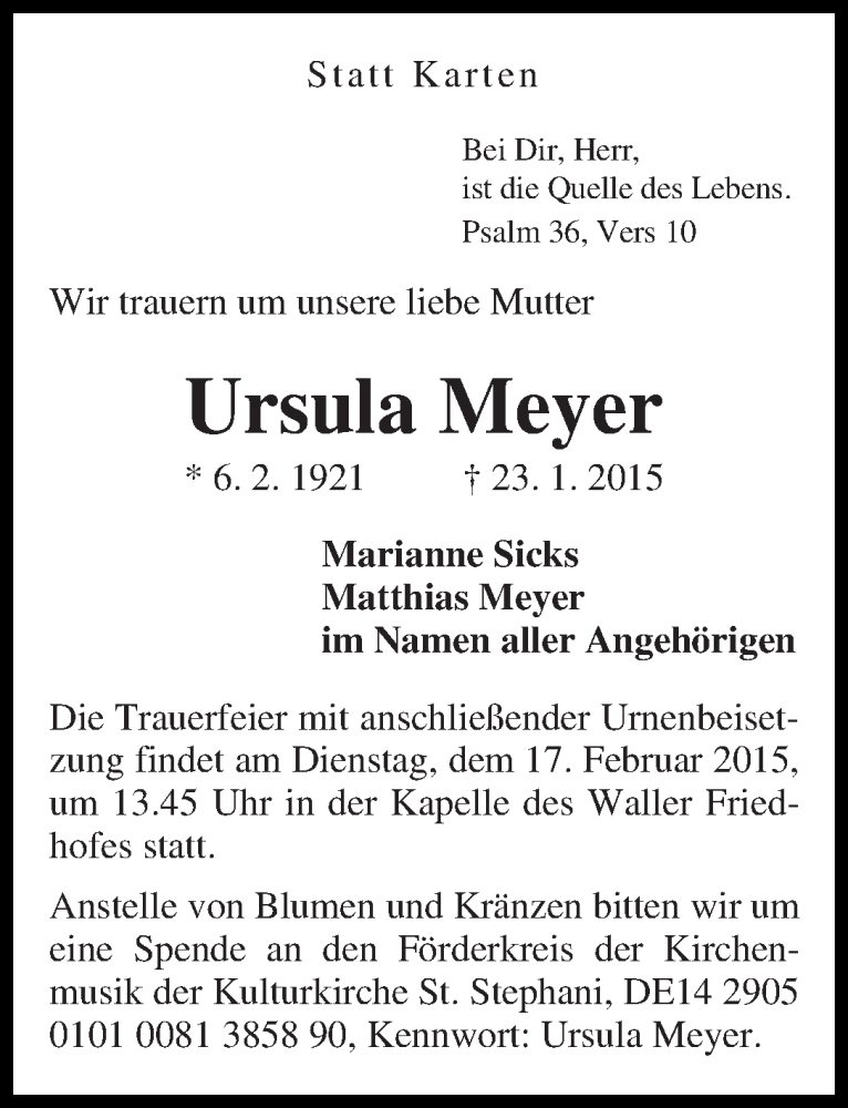 Traueranzeige von Ursula Meyer von WESER-KURIER