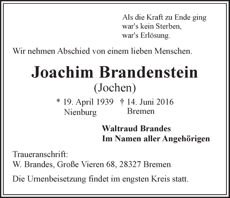 Traueranzeige von Joachim (Jochen) Brandenstein von WESER-KURIER