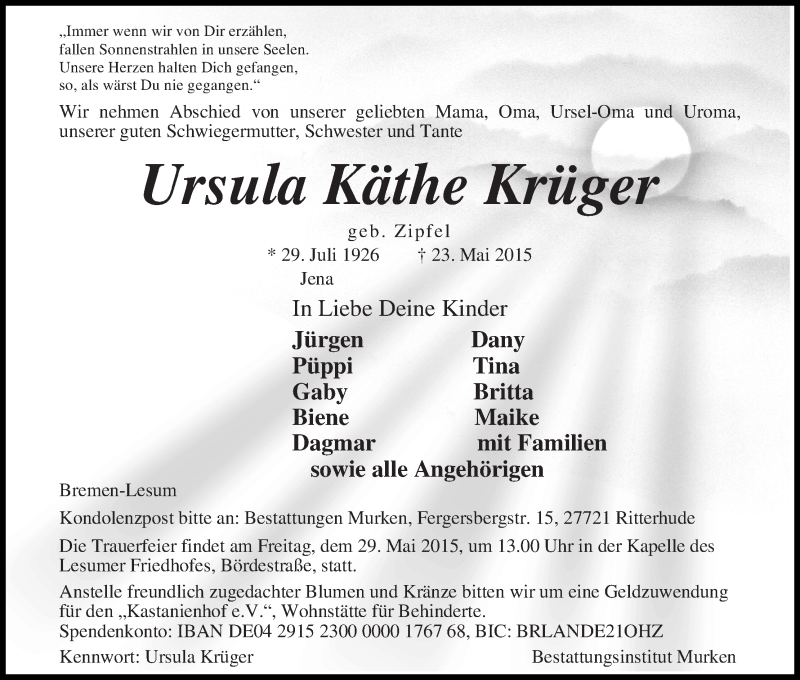  Traueranzeige für Ursula Käthe Krüger vom 27.05.2015 aus Die Norddeutsche