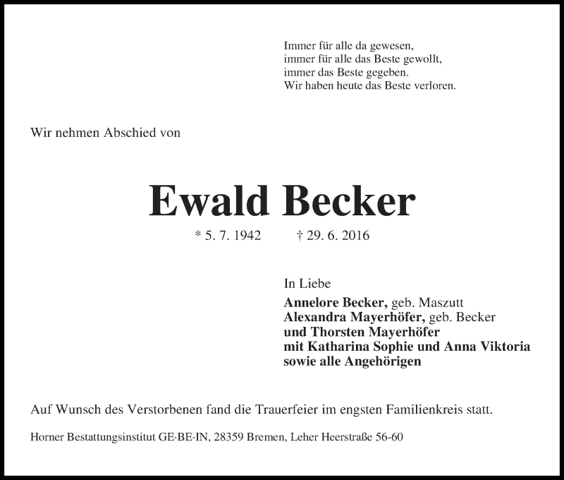 Traueranzeige von Ewald Becker von WESER-KURIER