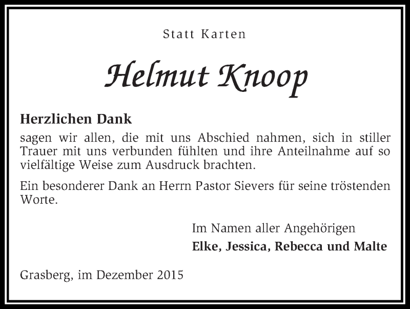 Traueranzeige von Helmut Knoop von Wuemme Zeitung