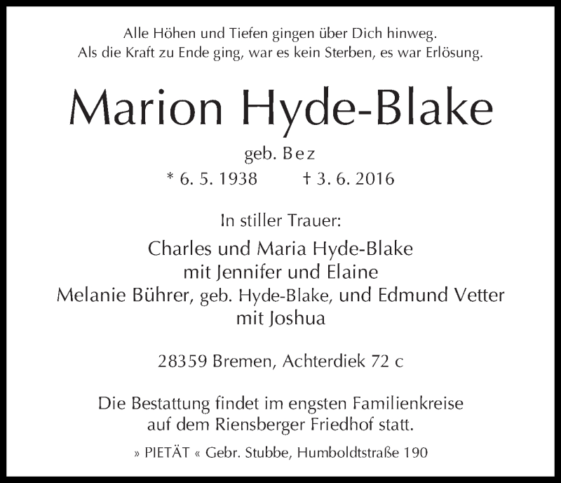 Traueranzeige von Marion Hyde-Blake von WESER-KURIER