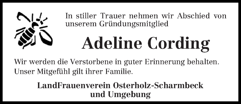 Traueranzeige von Adeline Cording von Osterholzer Kreisblatt