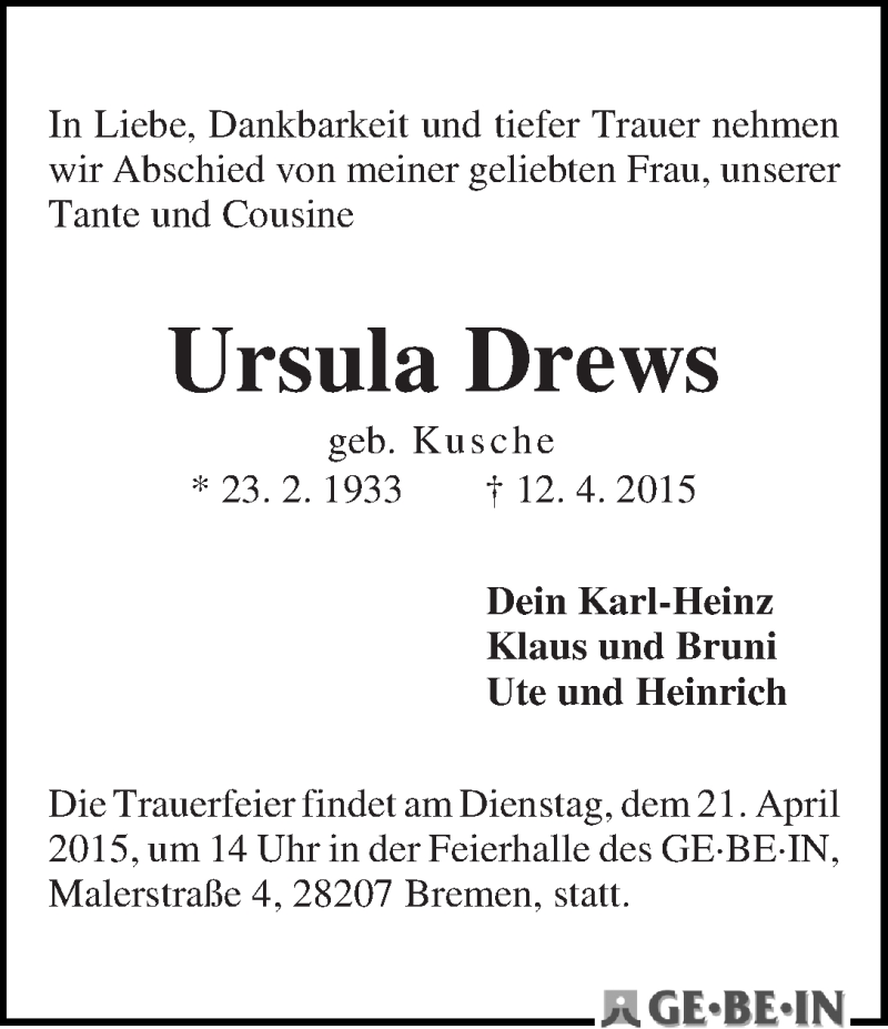 Traueranzeige von Ursula Drews von WESER-KURIER