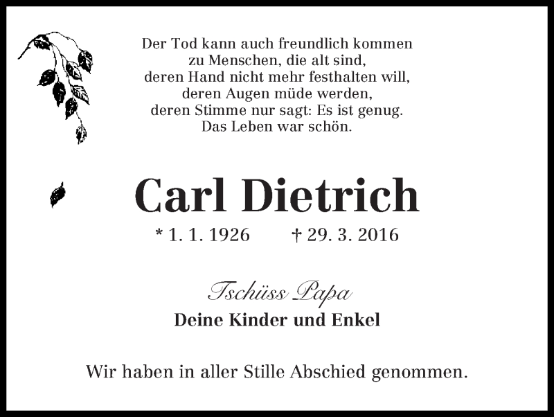 Traueranzeige von Carl Dietrich von Osterholzer Kreisblatt
