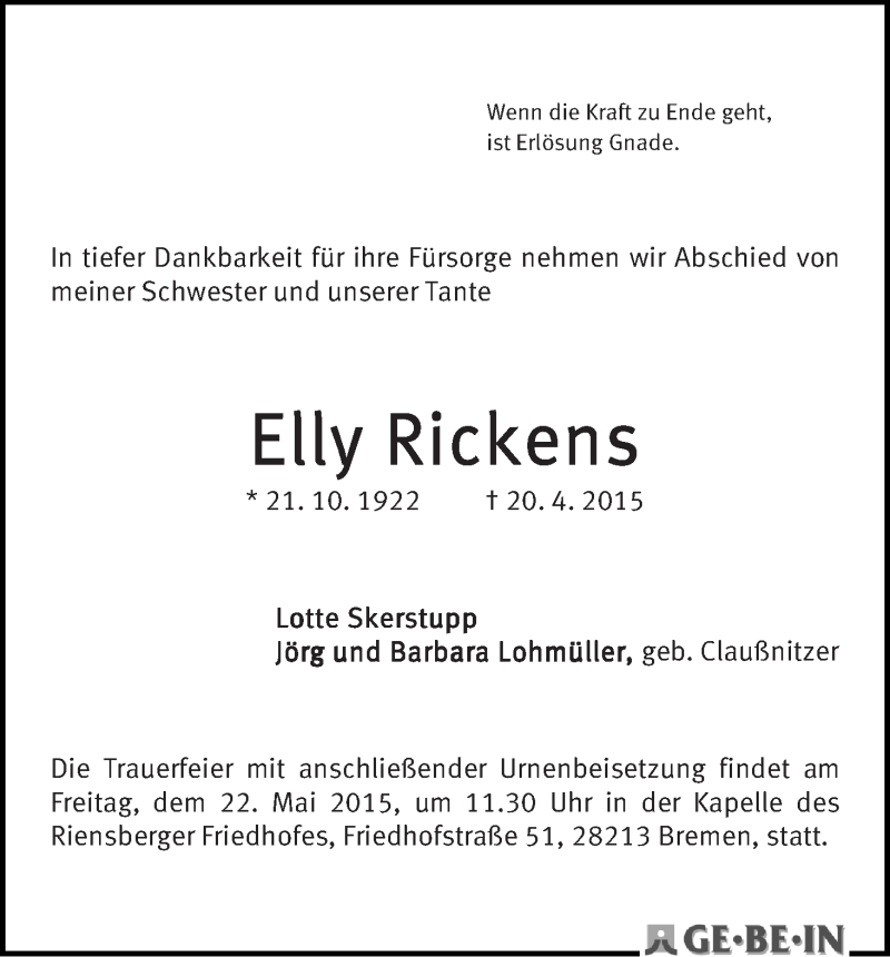 Traueranzeige von Elly Rickens von WESER-KURIER