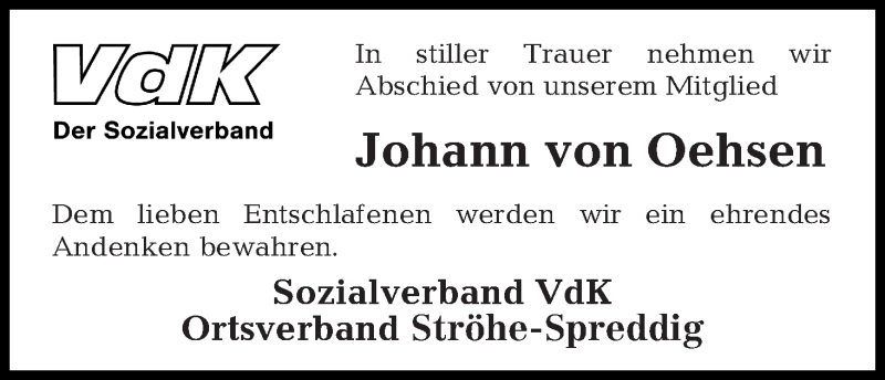Traueranzeige von Johann von Oehsen von Osterholzer Kreisblatt