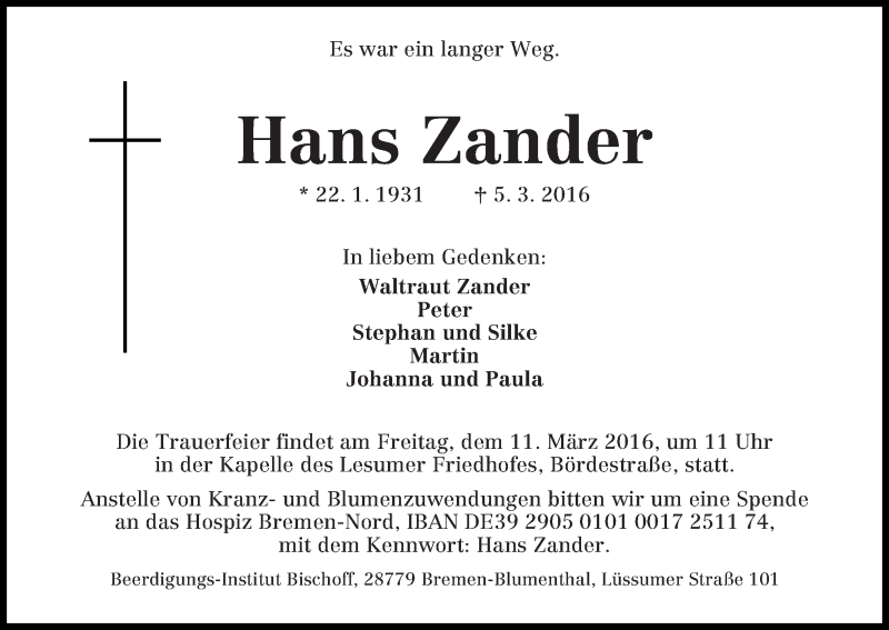 Traueranzeige von Hans Zander von Die Norddeutsche