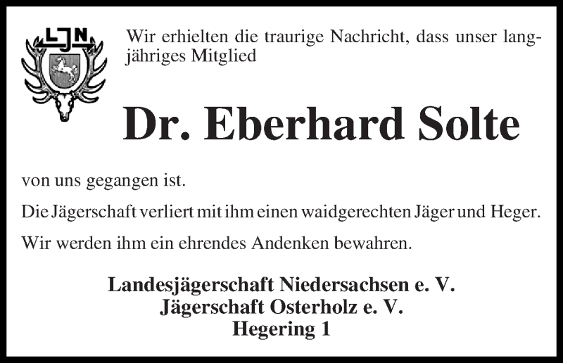 Traueranzeige von Eberhard Solte von Die Norddeutsche