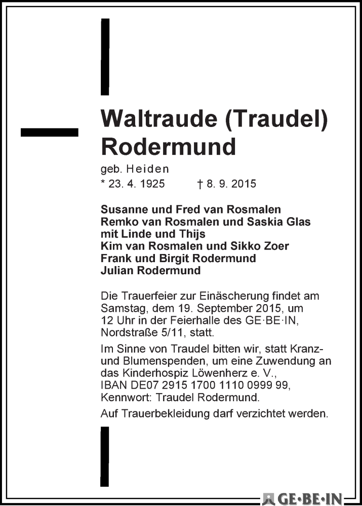 Traueranzeige von Waltraude (Traudel) Rodermund von WESER-KURIER