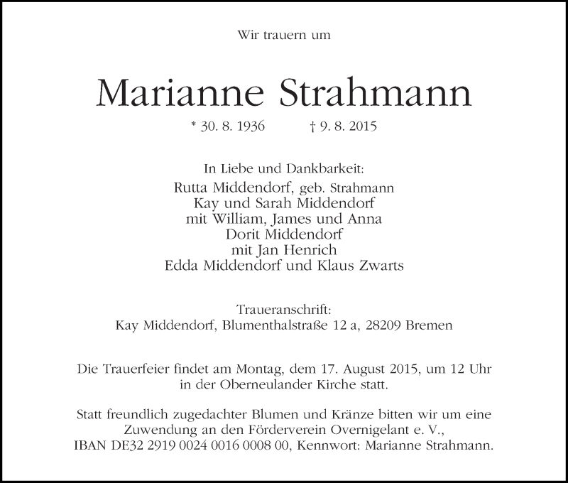  Traueranzeige für Marianne Strahmann vom 12.08.2015 aus WESER-KURIER