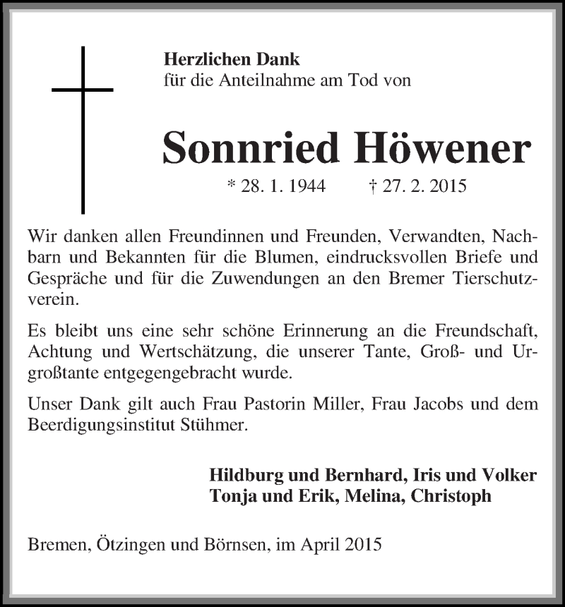 Traueranzeige von Sonnried Höwener von Die Norddeutsche