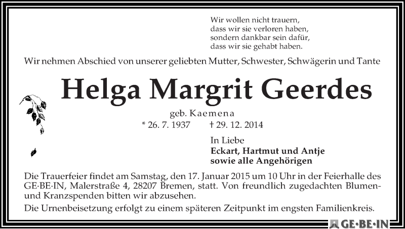 Traueranzeige von Helga Margrit Geerdes von WESER-KURIER
