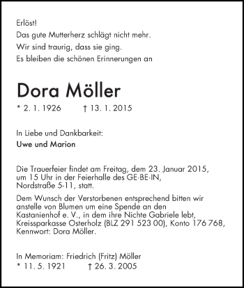 Traueranzeige von Dora Möller