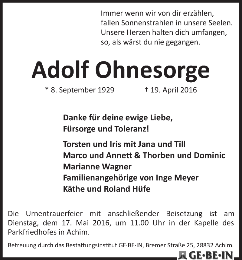 Traueranzeige von Adolf Ohnesorge von WESER-KURIER