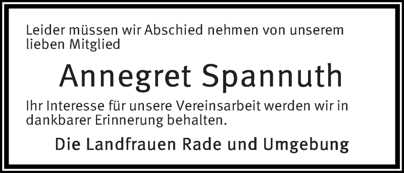 Traueranzeige von Annegret Spannuth von Die Norddeutsche