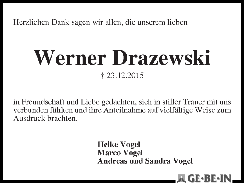 Traueranzeige von Werner Drazewski von WESER-KURIER