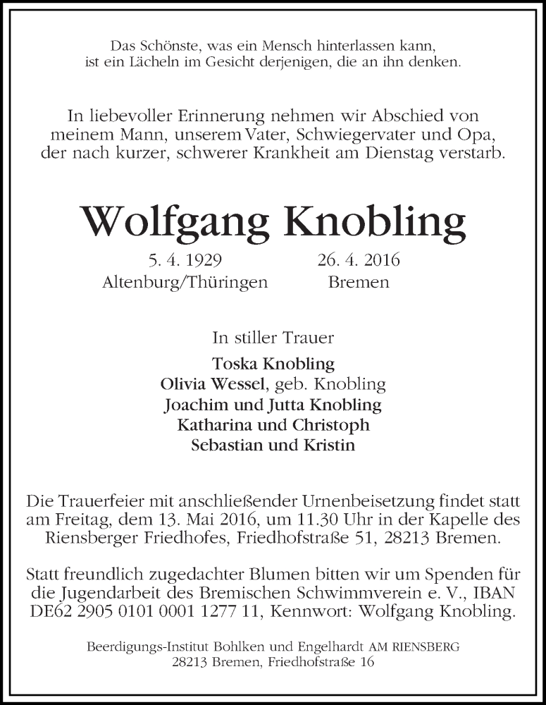 Traueranzeige von Wolfgang Knobling von WESER-KURIER