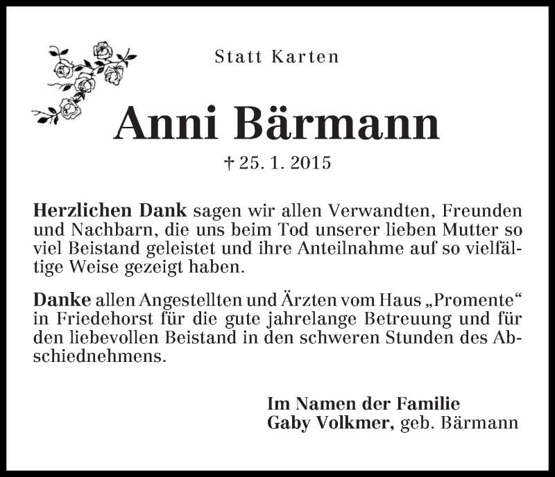  Traueranzeige für Anni Bärmann vom 19.02.2015 aus Die Norddeutsche