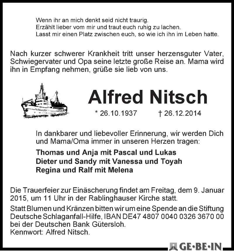 Traueranzeige von Alfred Nitsch von WESER-KURIER