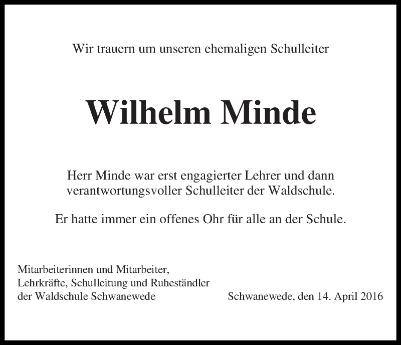 Traueranzeige von Wilhelm Minde von Die Norddeutsche