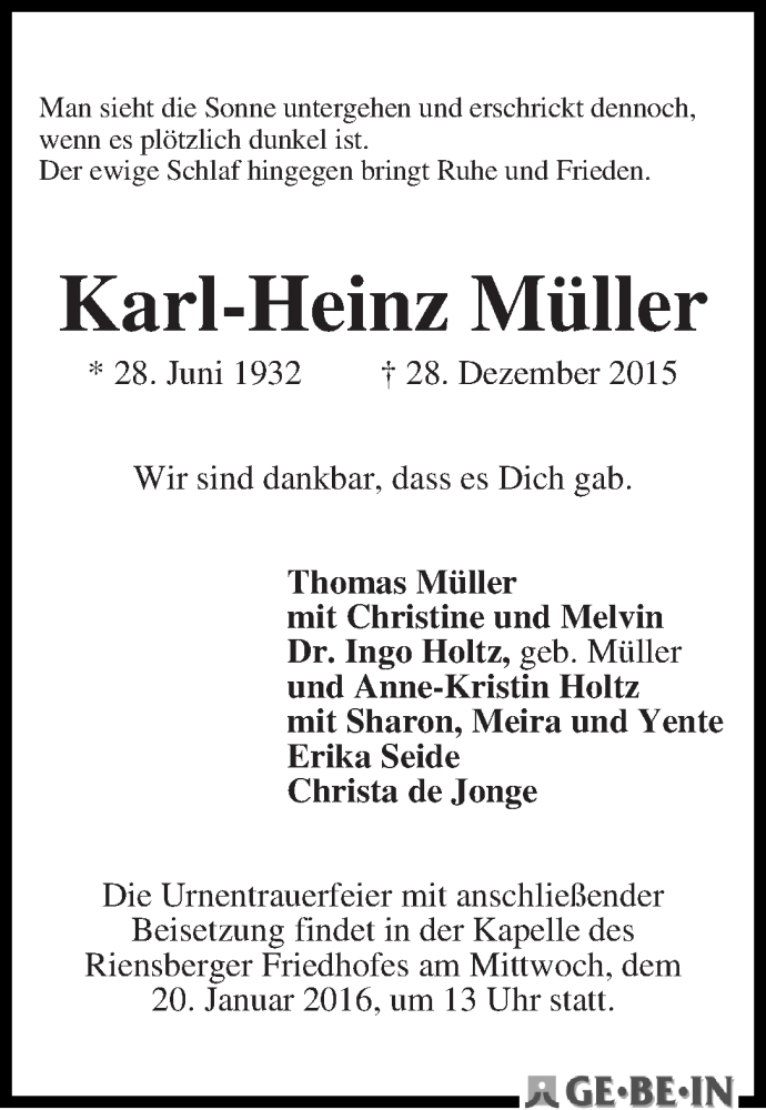 Traueranzeige von Karl-Heinz Müller von WESER-KURIER