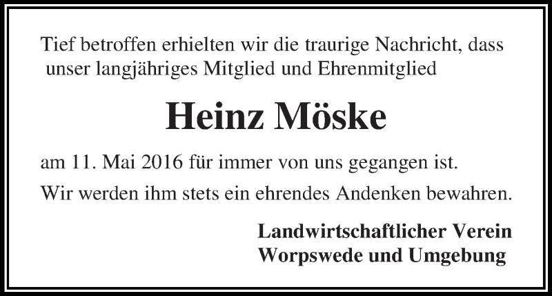 Traueranzeige von Heinz Möske von Wuemme Zeitung