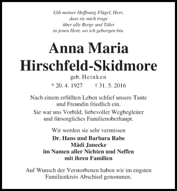 Traueranzeige von Anna Maria Hirschfeld-Skidmore
