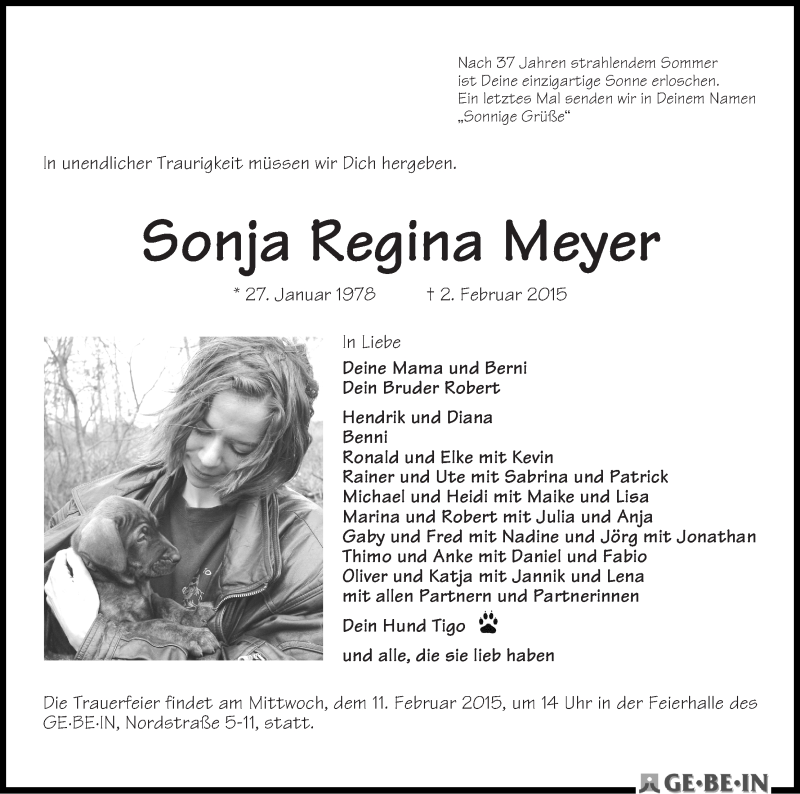  Traueranzeige für Sonja Regina Meyer vom 07.02.2015 aus WESER-KURIER