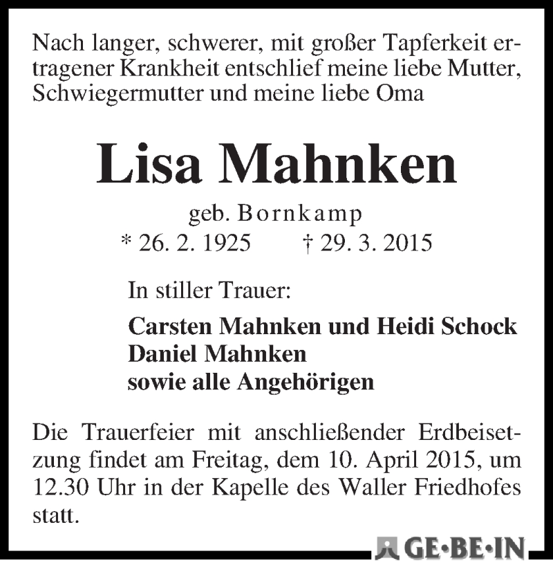 Traueranzeige von Lisa Mahnken von WESER-KURIER