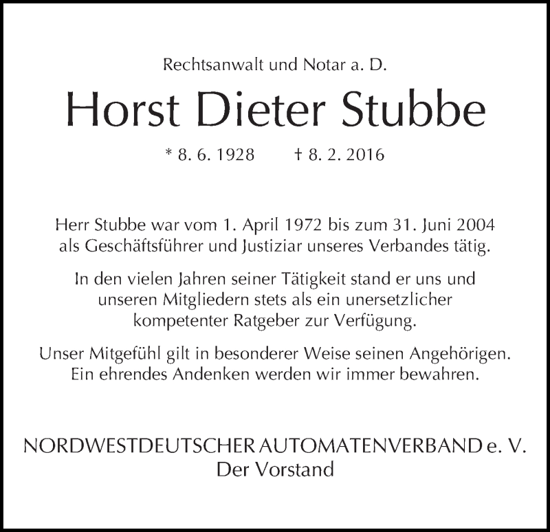 Traueranzeige von Horst-Dieter Stubbe von WESER-KURIER