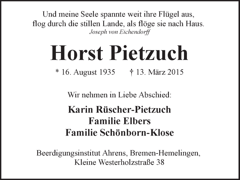 Traueranzeige von Horst Pietzuch von WESER-KURIER