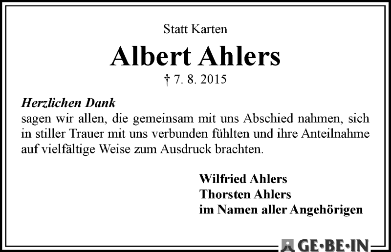 Traueranzeige von Albert Ahlers von WESER-KURIER