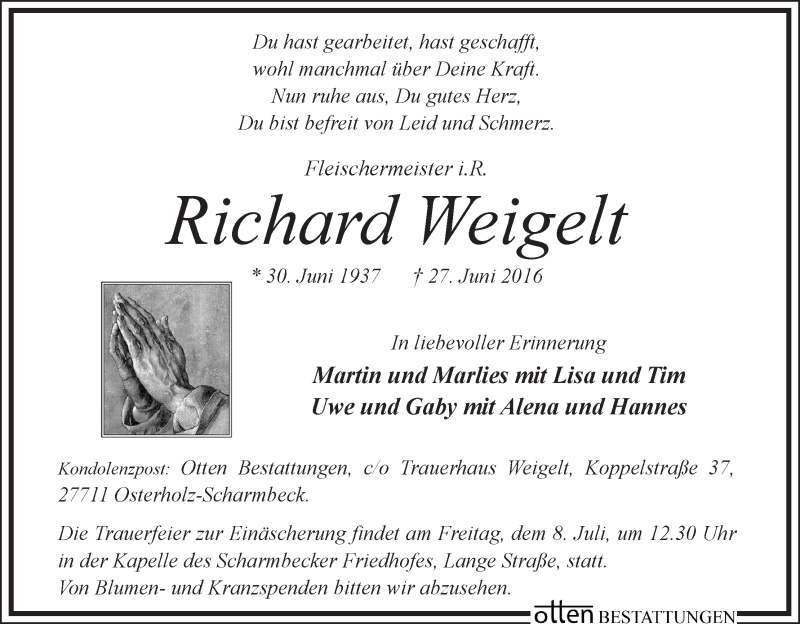 Traueranzeige von Richard Weigelt von Osterholzer Kreisblatt