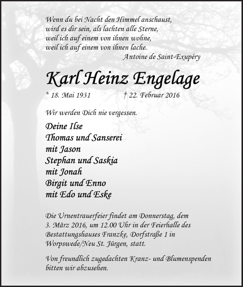 Traueranzeige von Karl Heinz Engelage von WESER-KURIER