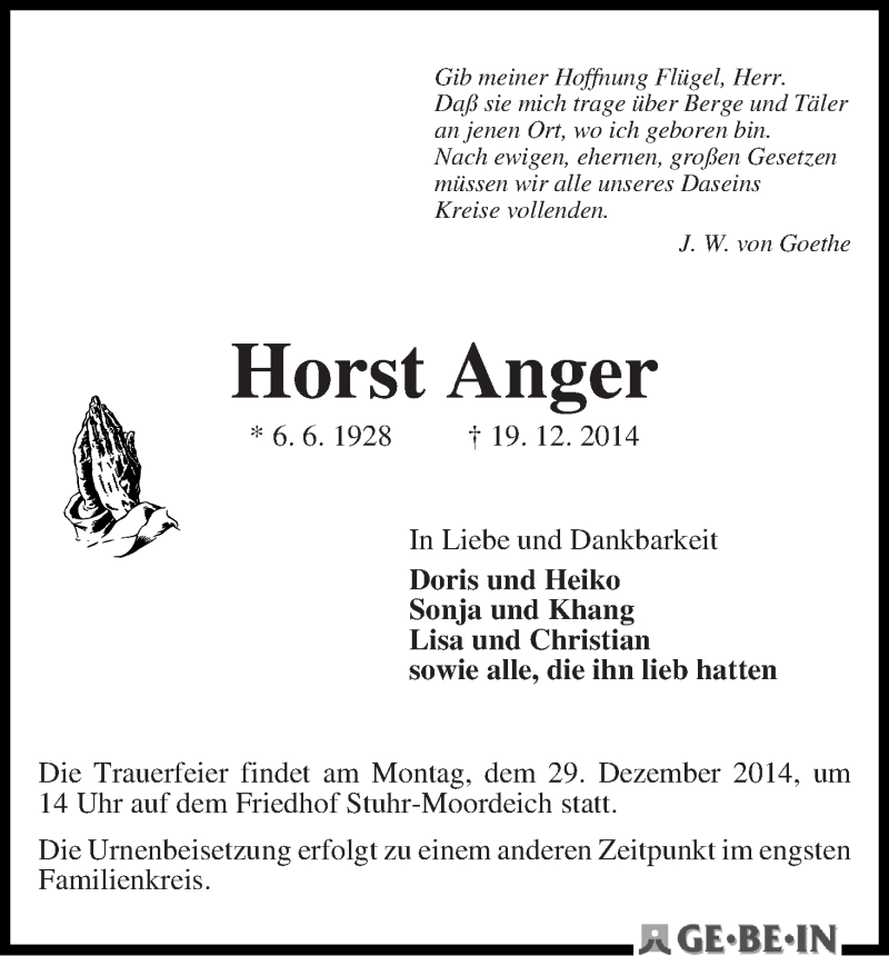 Traueranzeige von Horst Anger von WESER-KURIER