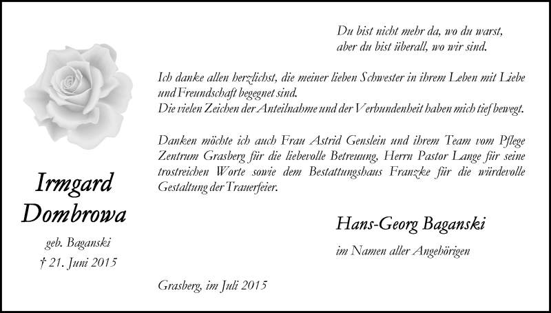 Traueranzeige von Irmgard Dombrowa von Wuemme Zeitung