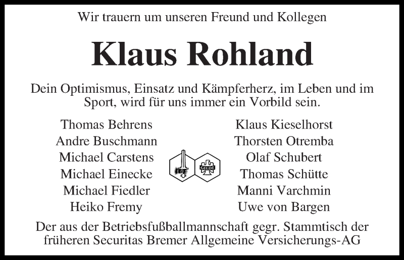 Traueranzeige von Klaus Rohland von WESER-KURIER