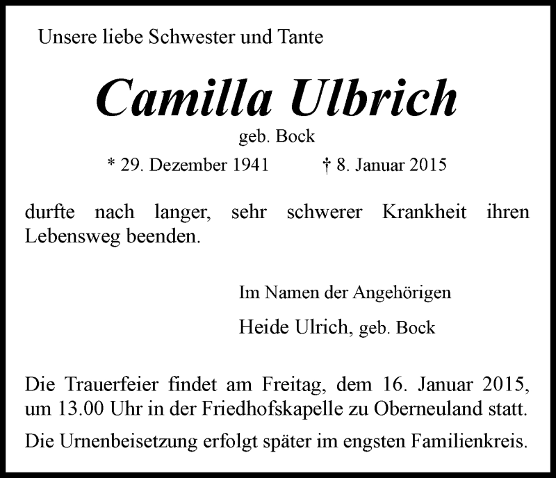 Traueranzeige von Camilla Ulbrich von WESER-KURIER