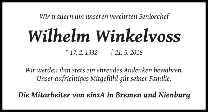 Traueranzeige von Wilhelm Winkelvoss von WESER-KURIER