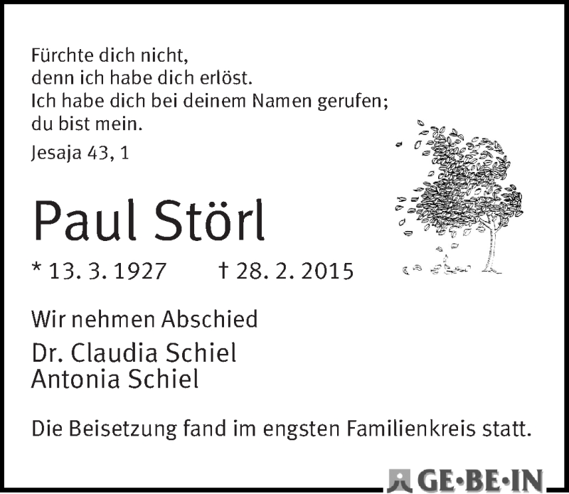 Traueranzeige von Paul Störl von WESER-KURIER